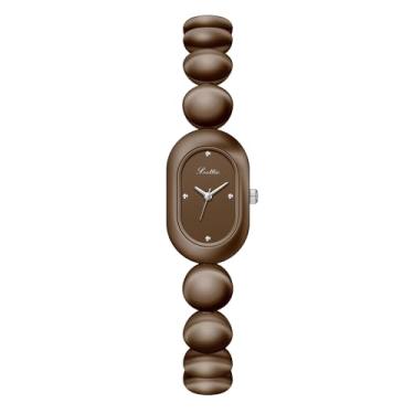 Imagem de Relógio feminino vintage delicado com pulseira de quartzo – Relógio de pulso feminino de luxo minimalista oval com mostrador dourado fino e elegante à prova d'água, Café, Luxuoso
