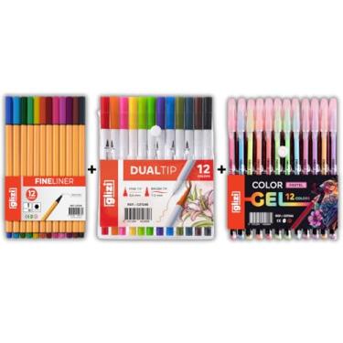 Imagem de Kit Criativo Glizi 36 Canetas, Fineliner 0.4mm 12 Cores, Dual Tip Brush 12 Cores, Colorgel 12 Tons Pastel/Neon (12C (Amarela) + 12 Brush + 12 Gel Pastel)