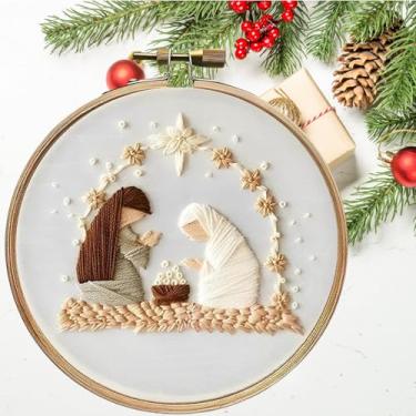 Imagem de Kalaxy47 Kit de bordado de Natal para iniciantes com presépio, conjunto completo para iniciantes inclui tecido estampado, argola e fios para adultos, decoração de casa ideal e presente de Natal