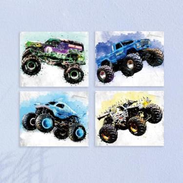 Imagem de 4 peças de arte de parede de caminhão monstro respingo aquarela sem moldura colorido supercarro arte para paredes, estilo graffiti rodas grandes trator carro garagem decoração de parede impressões