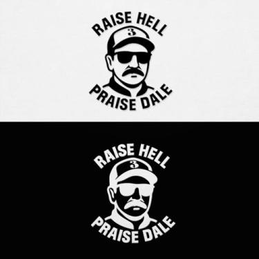 Imagem de Sem fundo - Adesivo de carro à prova d'água de Raise Hell Praise Dale Decalque para fãs de corrida e entusiastas de carros - Design de humor ousado (1 preto, 1 branco, 9,8 cm x 11,5 cm) |K17921BW