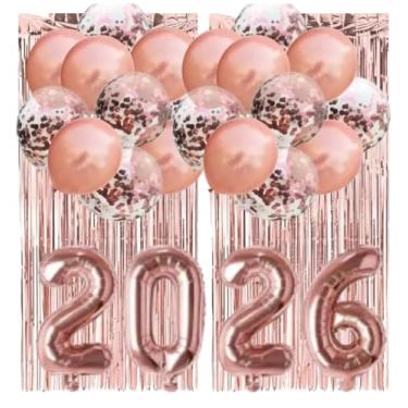 Imagem de Kit Decoração Réveillon 2026, Balões Rose Gold e Confete, Cortina Metalizada, 20 Bexigas, Números 75cm