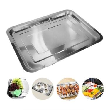 Imagem de Bandeja Retangular Em Aço Inox 40x30cm Rasa Para Café, Saladas E Porções – Elegância E Resistência Profissional