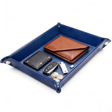 Imagem de Socospace Organizador coletor de couro, azul marinho, para chaves, moedas, carteira, telefone, joias | Mesa de entrada multiuso, mesa de cabeceira para homens e mulheres (azul)