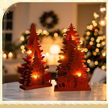 Imagem de Capoda 2 conjuntos de decoração de mesa de árvore de Natal de madeira de LED para árvore de Natal e alces, mesa de centro de mesa rústica de Natal para Natal, inverno, casa de fazenda, casa, lareira