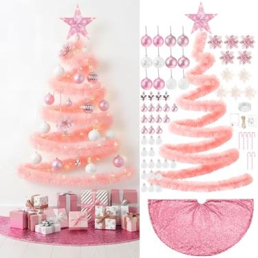 Imagem de HyDren 91 peças de árvore de Natal DIY para pendurar na parede com luzes, inclui guirlanda de Natal de 1,8 m, enfeite de bola, cana-de-doce, purpurina, flores de poinsétia para decoração de casa (rosa