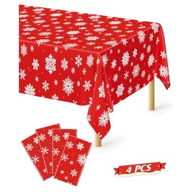 Imagem de Pacote com 4 toalhas de mesa de Natal, 137 x 274 cm, decoração de festas de fim de ano, toalha de mesa de flocos de neve, toalha de mesa de plástico descartável, toalha de mesa retangular, decorações
