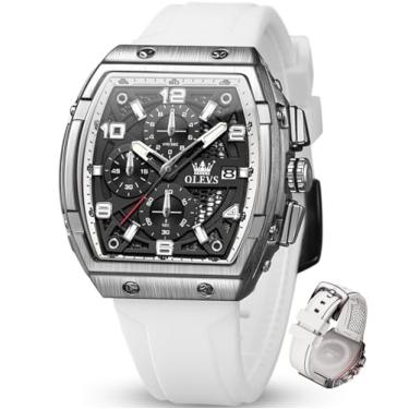 Imagem de OLEVS Relógios masculinos luxuosos, vestidos de rosto grande, pulseira de silicone, à prova d'água, cronógrafo, analógico, quartzo, casual, relógio de pulso masculino (pulseira preta/vermelha/branca
