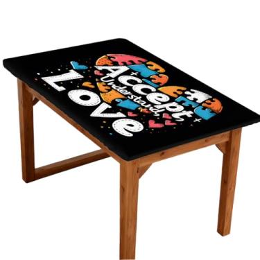 Imagem de hongjinglin Toalha de mesa retangular de 1,8 m com elástico e arte com autismo, amor, coração, elástico, capa de mesa retangular, impermeável, lavável, protetor de mesa para piquenique, jantar