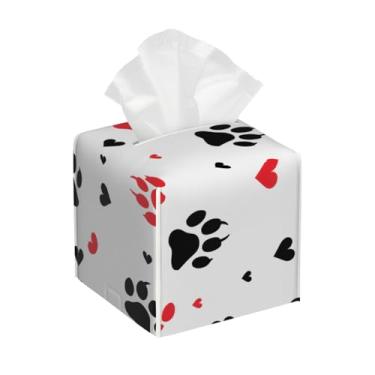 Imagem de Porta-lenços de papel quadrado de couro à prova d'água com estampa de pata, organizador de papel facial preto e vermelho com cinto inferior, estojo de lenços para mesa, banheiro, escritório, mesa