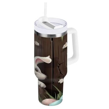 Imagem de ATTX Copo de coelho fofo de Páscoa de 1,134 g com alça, copo de aço inoxidável a vácuo de parede dupla com palha, caneca de café de viagem isolada #500