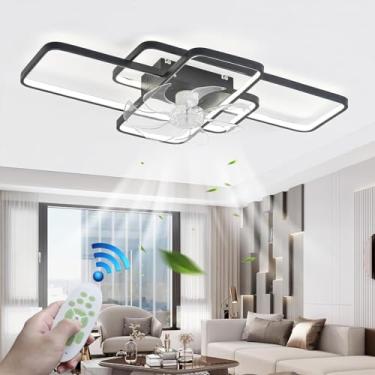Imagem de Luminária de teto LED com ventilador, controle remoto e aplicativo, ventilador de teto silencioso de 80 W com iluminação regulável, design geométrico criativo, temporizador e função de ilumi