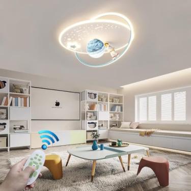 Imagem de Luminária de teto de LED em formato de desenho animado com controle remoto, ideal para quarto infantil. Luminária regulável em formato de planeta, decoração criativa para quarto de menino, l