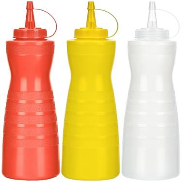 Imagem de Katfort Dispensador de ketchup de frascos de espremedor de condimentos, pacote com 3 garrafas de 590 ml para molho, garrafas de plástico com tampa para líquidos, molho de churrasco, arte de panqueca