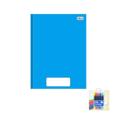 Imagem de Kit Caderno Brochura Capa Dura Pepper Azul 80 Folhas + Caneta Esferográfica Spiro 0.7mm e Marca Texto Lumini Gel 6 Cores