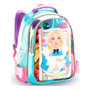 Imagem de Mochila Costas Alice Baralho Infantil Escolar Creche Azul Denlex-Feminino