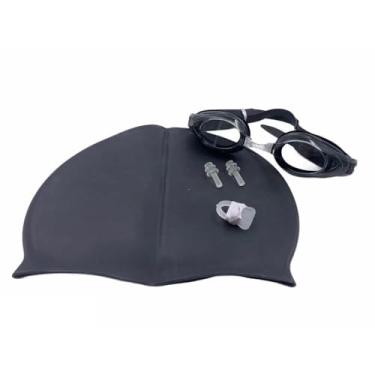 Imagem de Touca de Natação Impermeável，Toca de Natação Adulto，Kit De Natacao com Touca Silicone E Oculos Para jovens E Adultos(Preto(touca)+Preto(óculos))