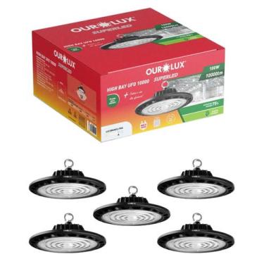 Imagem de 5 Luminárias High Bay UFO Preto 100W Bivolt Cor da Luz Branco Frio 650