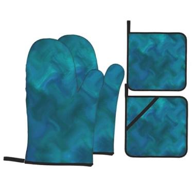 Imagem de Textura abstrata de jade de água - Conjunto de luvas de cozinha estampadas com suportes de tampa, luvas de forno resistentes ao calor para lidar com panelas quentes, grelhar, churrascos, kit de 4