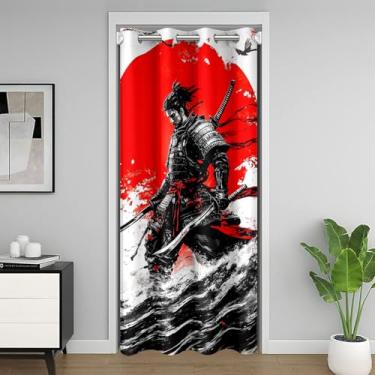 Imagem de jejeloiu Samurai Cortina de porta para privacidade de porta japonesa para quarto sala de estar cortina divisória de quarto sol vermelho 106.7 cm x 203.2 cm Japanese Wave Darkening Blackout decoração