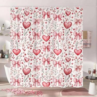 Imagem de Dtekoj Cortina de chuveiro de dia dos namorados, rosa vermelho lindo coração flor laço romântico conjunto de cortina de banheiro, doce feriado menina mulher cortina de banho banheira decoração de casa