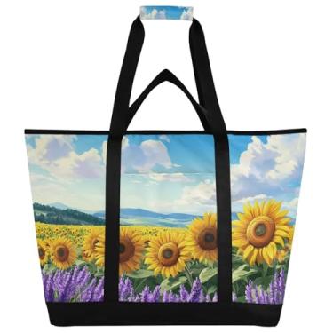 Imagem de Qilmy Linda bolsa térmica grande de lavanda e girassol, sacolas de supermercado reutilizáveis para cozinha, à prova de vazamento, lancheira portátil para compras, comida, viagem, praia, acampamento59