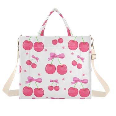 Imagem de Burbuja Sacola feminina fofa de cerejas com laços cor-de-rosa, bolsa tiracolo de veludo cotelê para compras, trabalho, viagens, C273, Medium