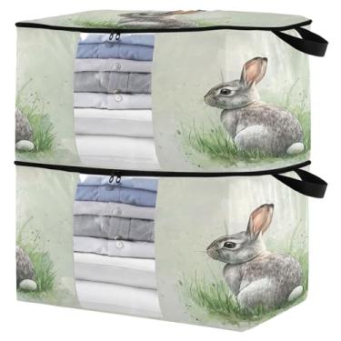 Imagem de Burbuja Bolsa de armazenamento de roupas de coelho fofo na grama com tampas e alça, 2 recipientes de armazenamento dobráveis com zíper resistente e janela transparente para armário de quarto, 60L