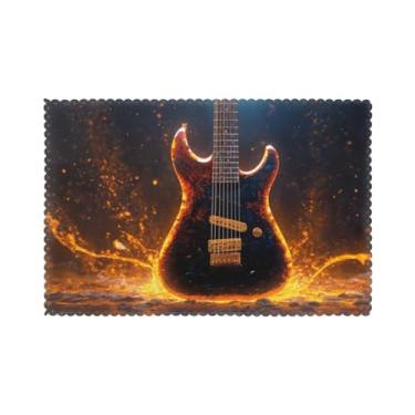 Imagem de Jogo americano com estampa de guitarra elétrica para mesa de jantar, conjunto de 6 resistentes ao calor, fácil limpeza para uso diário
