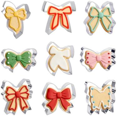 Imagem de JEPELUS 9 peças de cortador de biscoito com laço, cortador de biscoito de metal, pode ser lavado na lava-louças, moldes de biscoito de arco de coquete para chá de bebê, aniversário, casamento, festa