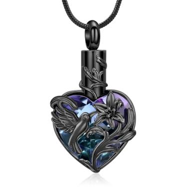 Imagem de zeqingjw Colar de urna de coração para cinzas pingente de cristal beija-flor memorial pingente de cremação joia humana animal de estimação suporte de cinzas presente de lembrança, Aço inoxidável, Sem