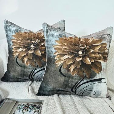 Imagem de OYIMUA Capas de almofada decorativas macias de chenille cinza e marrom, conjunto de 20 x 50 cm, 2 fronhas de flores abstratas vintage para sofá, quarto, sala de estar, decoração de casa, almofadas de