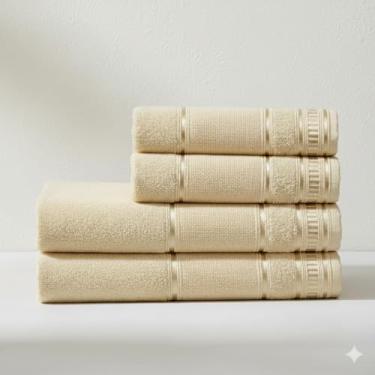 Imagem de Kit Toalha de Banho e Rosto 4 Pçs 100% Algodão 290 g/m2 Hipoalergênica - Barra Decoratica, Luxo, Toque Macio e alta absorção - Baunilha