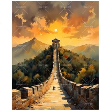 Imagem de TAOPAOLAB Kit de pintura de parede da cidade por números para adultos – DIY Sunset Walk on The Great Wall Painting on Canvas 40 x 50 cm, conjunto de tinta acrílica, adequado para iniciantes, arte para