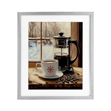 Imagem de Stupell Industries "Winter French Press Coffee", impressão emoldurada sob vidro, cinza, 33 x 40 cm