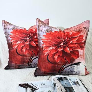 Imagem de OYIMUA Capas de almofada decorativas macias de chenille, vermelho e cinza, conjunto de 20 x 20 com 2 fronhas de flores abstratas vintage para sofá, quarto, sala de estar, decoração de casa, almofadas