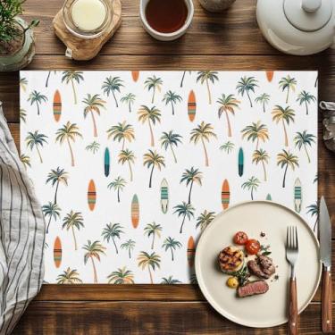 Imagem de Jogo americano conjunto de 4, tapetes de mesa sem costura de palmeira tropical de verão, lavável, tapete de surf em branco para mesas de jantar, cozinha, decoração de festa de férias