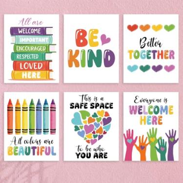 Imagem de 6 peças de pôsteres de parede de sala de aula inclusivos para decoração de quarto estética, Be Kind/All Are Welcome Diversity, decorações de sala de aula de berçário, sem moldura