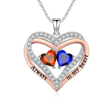 Imagem de Colar de coração feminino, banhado a ouro rosa 14K, pingente de coração duplo sobreposto, presente de aniversário de aniversário para esposa, mãe e filha, joia com pedra de nascimento duplo com