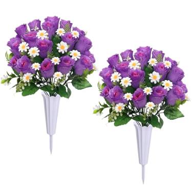 Imagem de Lodou Flores artificiais de cemitério, decorações de túmulos memoriais, rosas – conjunto de 2 buquês e 2 vasos que não desbotam, perfeito para o Natal, Dia dos Namorados, Dia da Memória (Roxo)