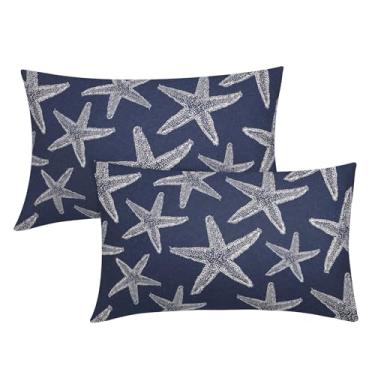 Imagem de Capas de almofada lombar azul marinho oceano estrela do mar 30 x 50 cm verão náutico praia costeira conjunto de 2 almofadas de linho de algodão decoração de casa sazonal para sofá almofada de sofá ao