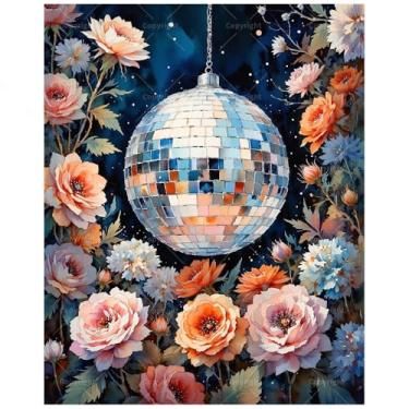 Imagem de Kit de pintura floral de bola de discoteca por números para adultos - DIY flor e espelho esfera pintura em tela, conjunto de tinta acrílica, adequado para iniciantes, arte para decoração de casa ou