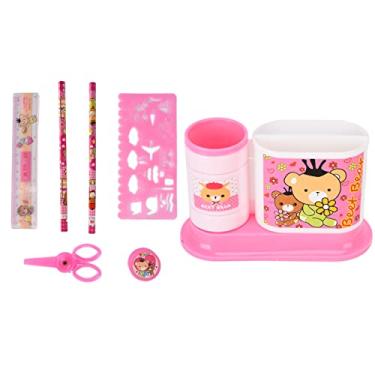 Imagem de Ainoli caneta titular giratório 2 grade caixas de lápis de plástico com apontador de lápis tesoura para estudantes lápis caneta armazenamento presente (Rosa)