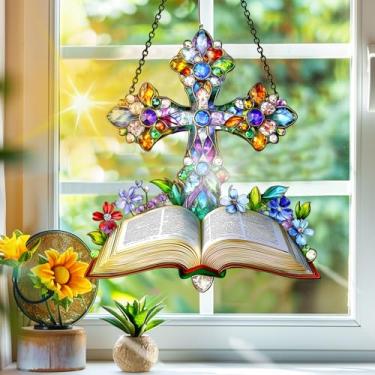 Imagem de Apanhador de sol de acrílico colorido, apanhadores de sol, decoração de janela pendurada em livro cruzado, arte de parede de arco-íris, para varanda, interior e exterior, jardim, enfeites de Natal