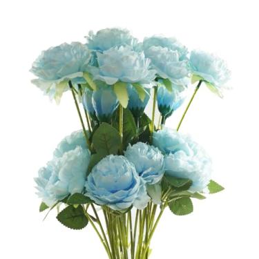 Imagem de Bairdish 12 peças de flores artificiais azuis, buquê floral, plantas falsas, seda realista, peônias falsas com hastes para arranjos de flores, mesa de festa, chá de noiva, centro de mesa, pátio