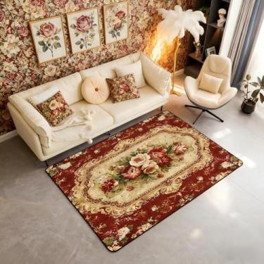 Imagem de Tapete de área floral vermelho elegante 7,6 x 12,7 cm dourado para sala de estar | Tapete lavável floral nórdico boêmio, decoração antiga, tapete damasco vitoriano, tapete interno