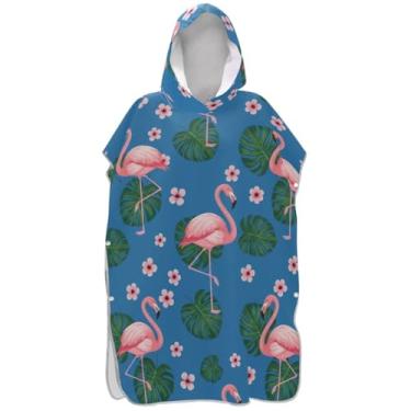 Imagem de Joisal Roupão absorvente para troca de poncho de surfe para adultos com capuz toalha de praia estampa folhas tropicais flamingos azul poncho masculino com capuz