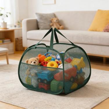 Imagem de Cesto de roupa suja dobrável de 90 L com bolso lateral, cesto de roupa dobrável de malha, grande cesto de armazenamento de roupas com alça para lavanderia, colégio, banheiro, quarto de criança