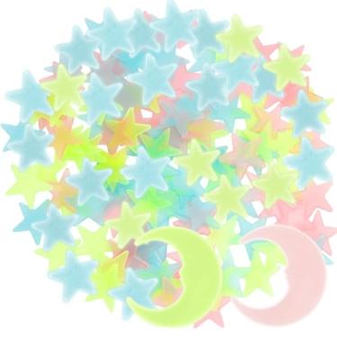 Imagem de 202 peças que brilham no escuro estrelas para teto, estrelas brilhantes coloridas e adesivos de parede da lua, decalques de estrela de plástico para decoração de parede de quarto
