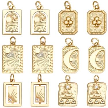Imagem de SUNNYCLUE 1 caixa, 12 peças, 6 estilos, pingentes retangulares banhados a ouro 18 K, pingentes quadrados dourados de sol e lua, em latão, vintage, tarô, mágico, metal mágico, pendentes, para fazer